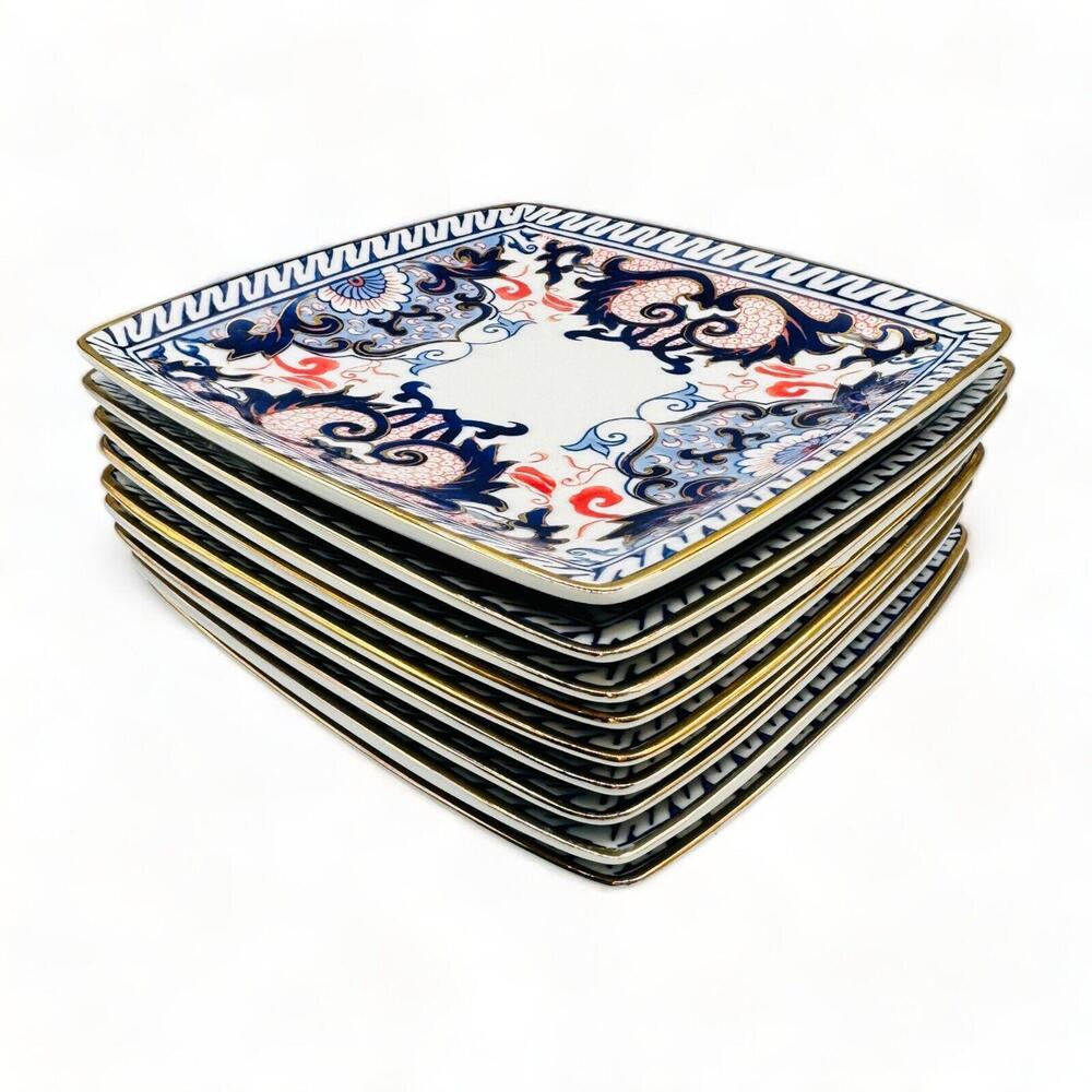 Blue Chinoiserie with Red Accent Gold Rimmed Plates - 7.25" Square - Priced Per